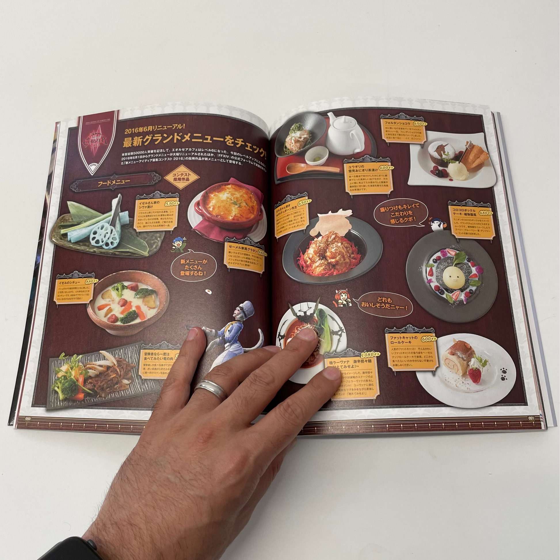 Open book with food menu pages and a hand holding it on a white surface