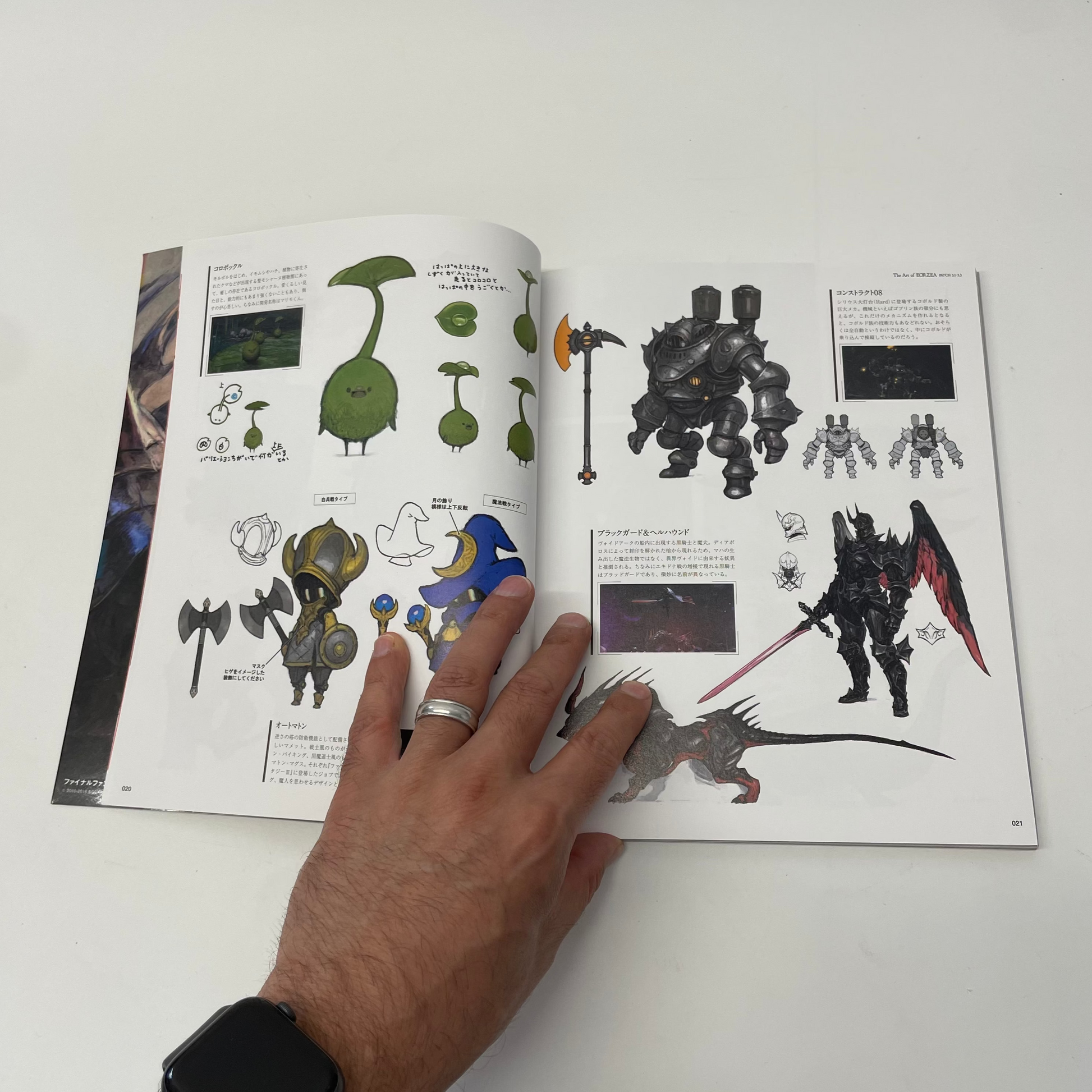 Open book with illustrations of fantasy characters and a hand pointing at one of the pages.
