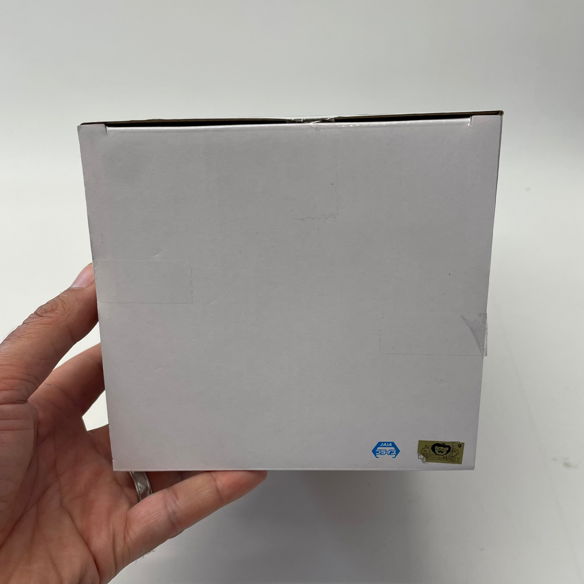 Hand holding a white rectangular box with logos on a light gray background