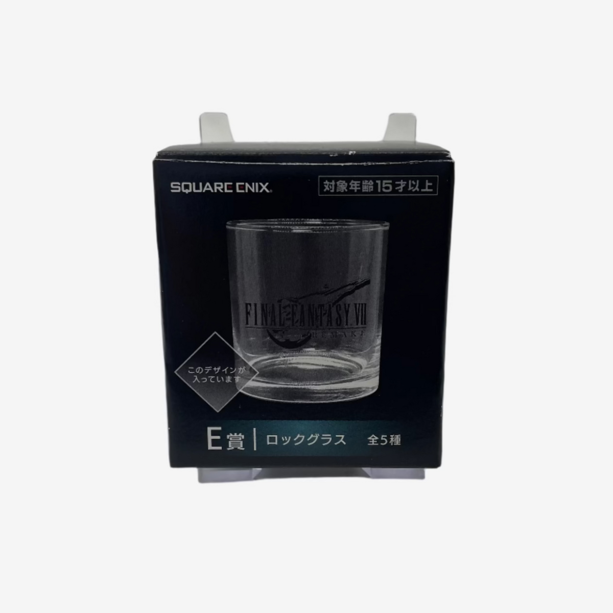 Clear glass with branding in a black box on a white background