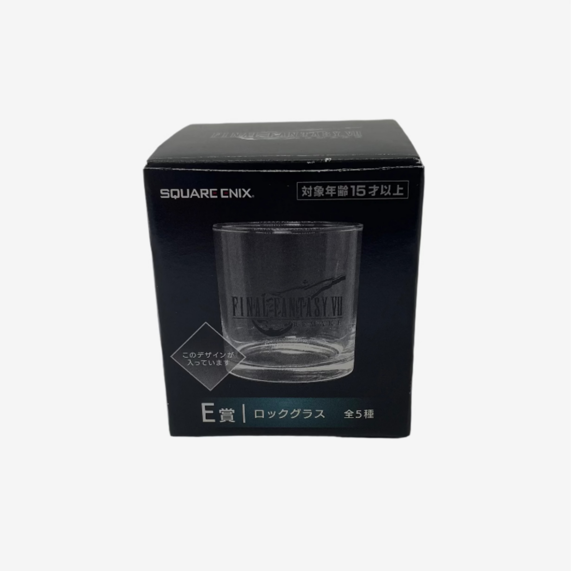 Clear glass with embossed design on a black box labeled 'Squarc Cnix' on a white background