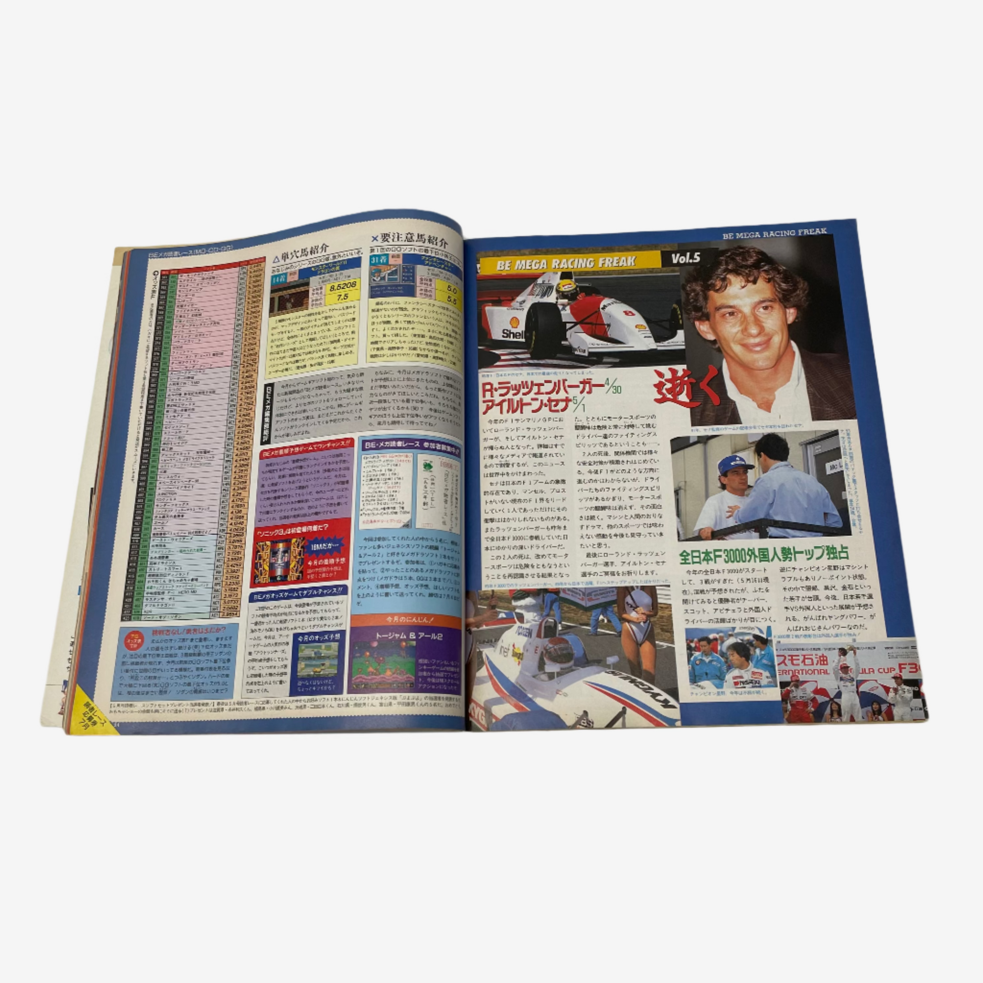 Open book with racing-themed content on a white background