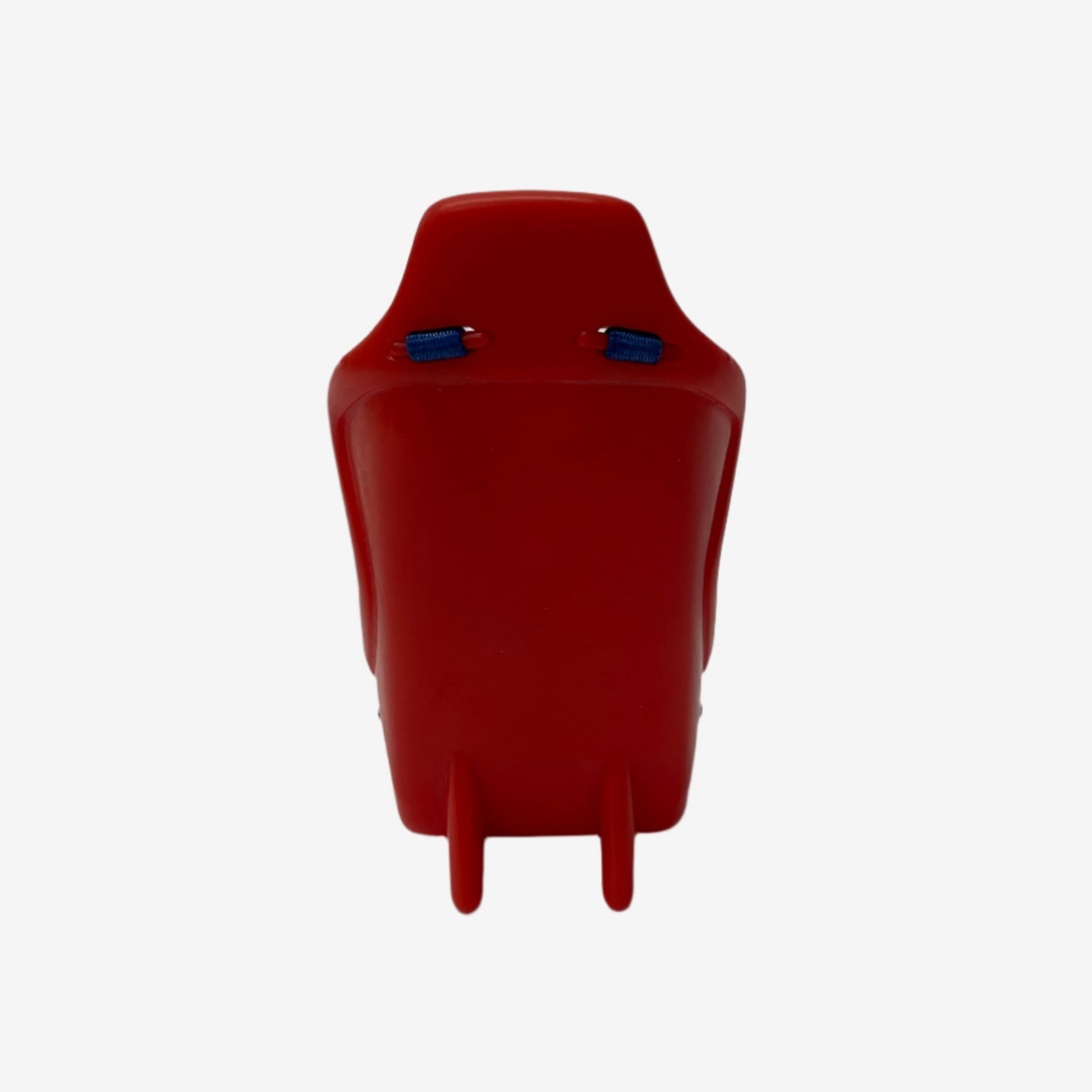 Red plastic object with blue components on a white background