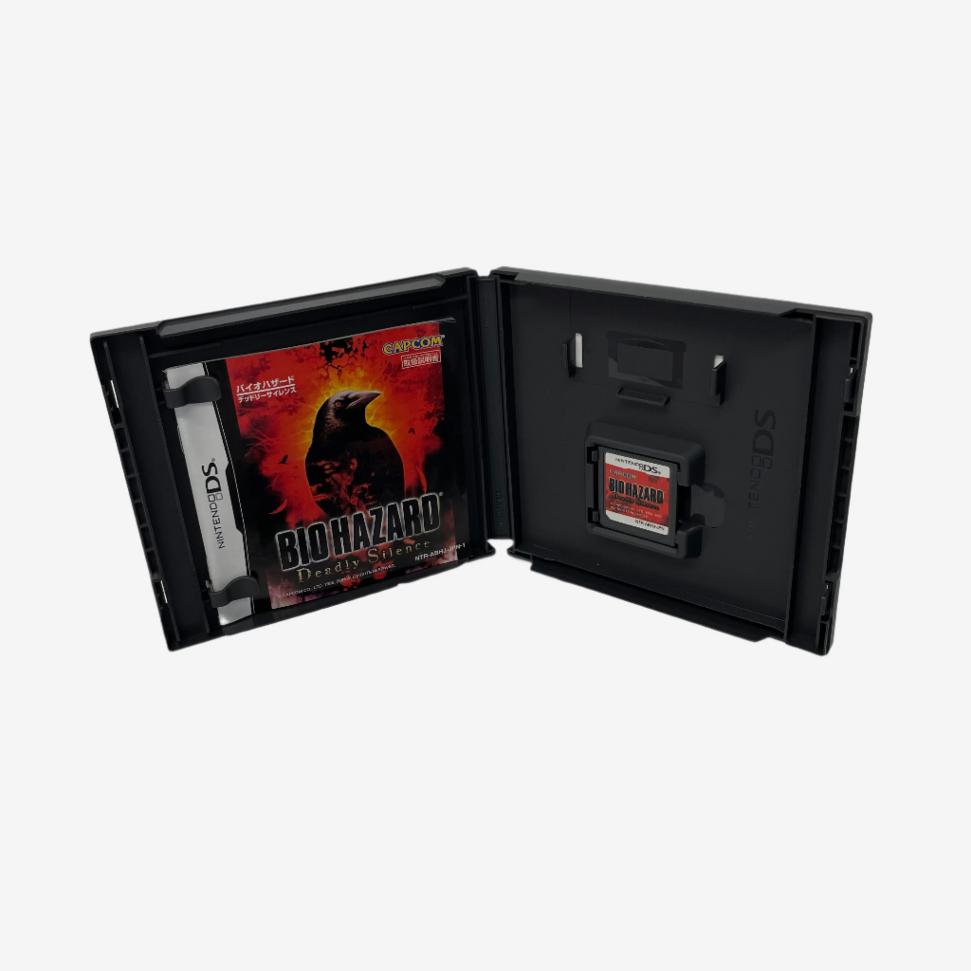 Biohazard game cartridge in a black case on a white background