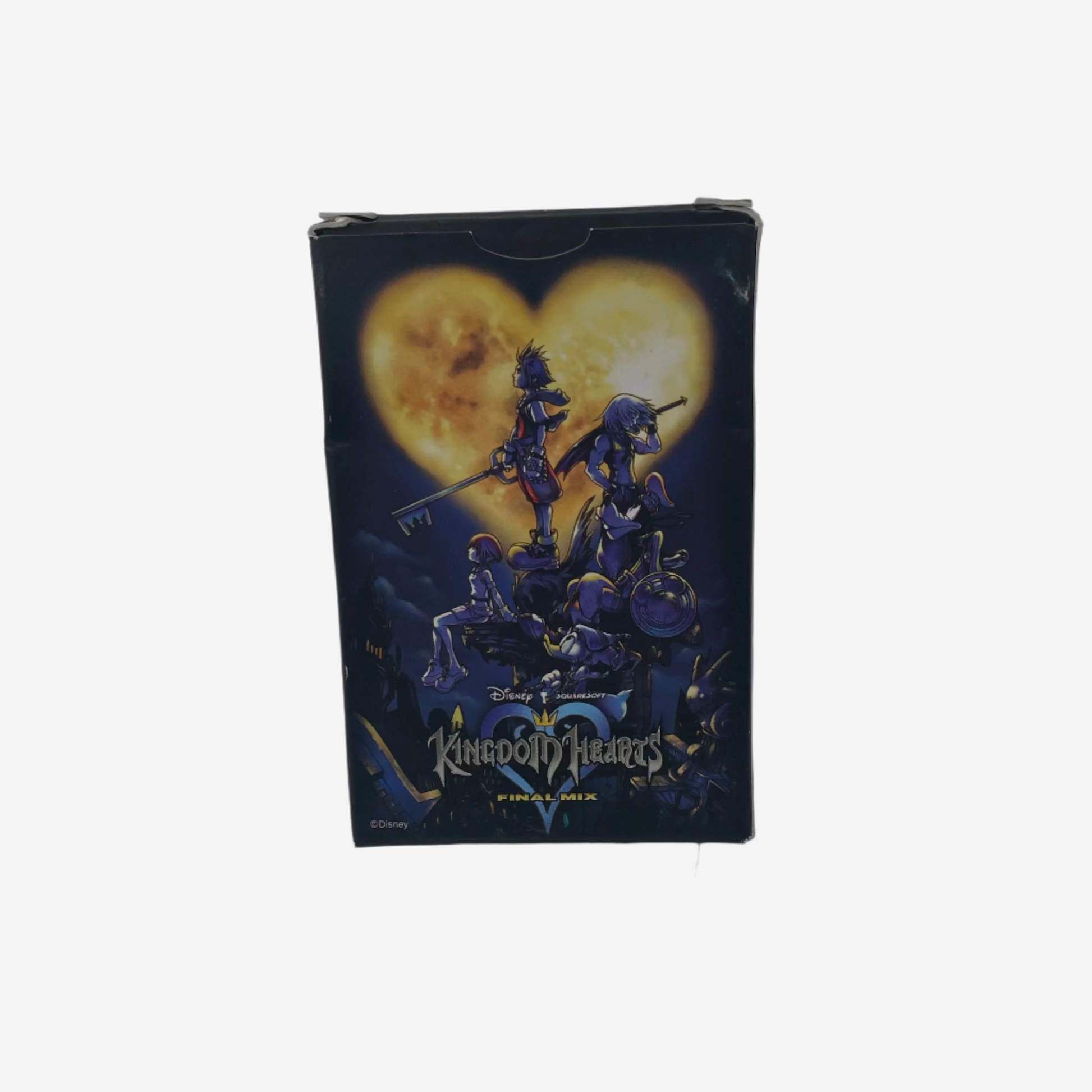Kingdom Hearts III game case with characters and heart design on a white background