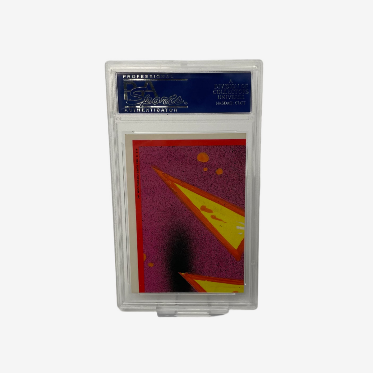 Trading card in a protective case on a white background