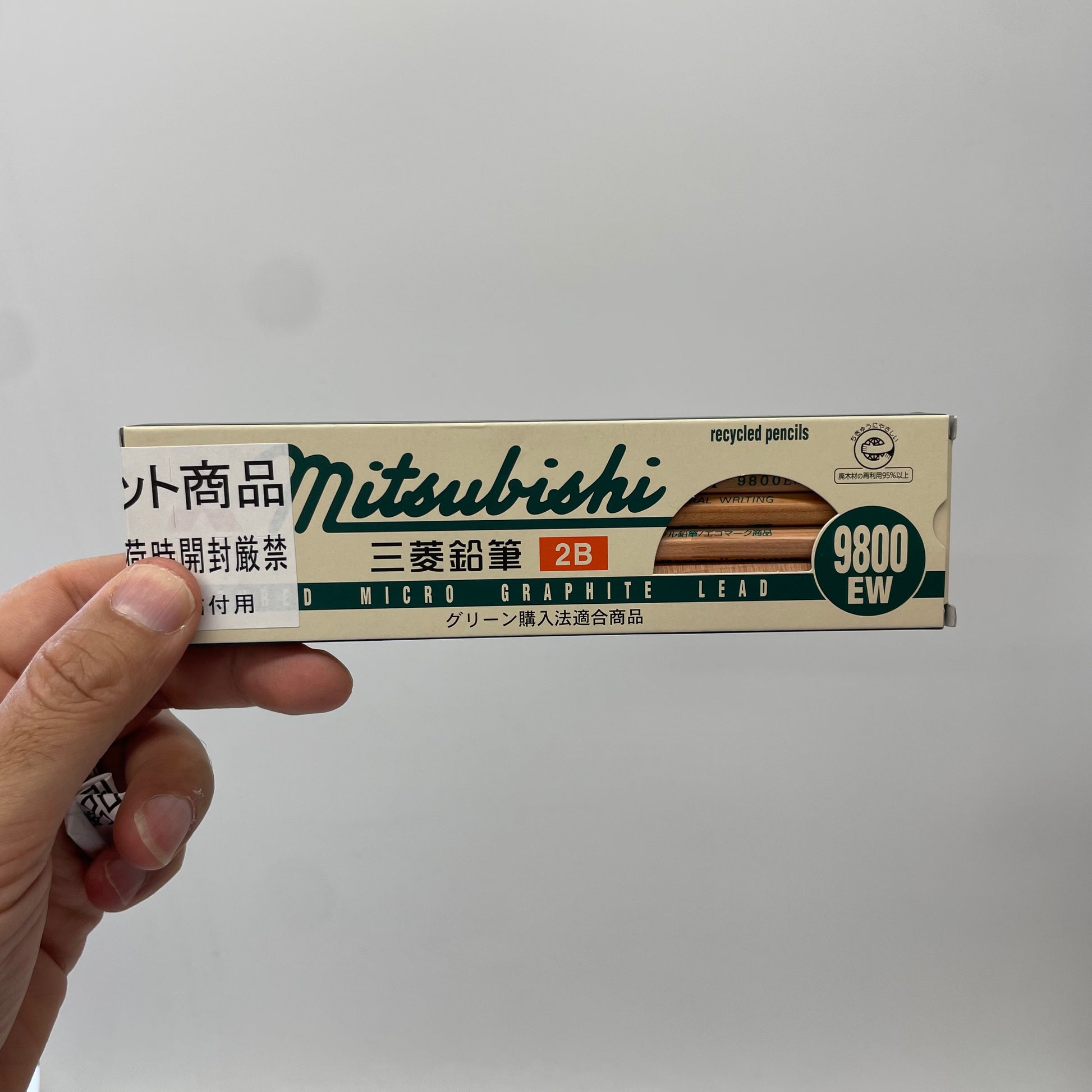Box of Mitsubishi pencils held by a hand against a plain background