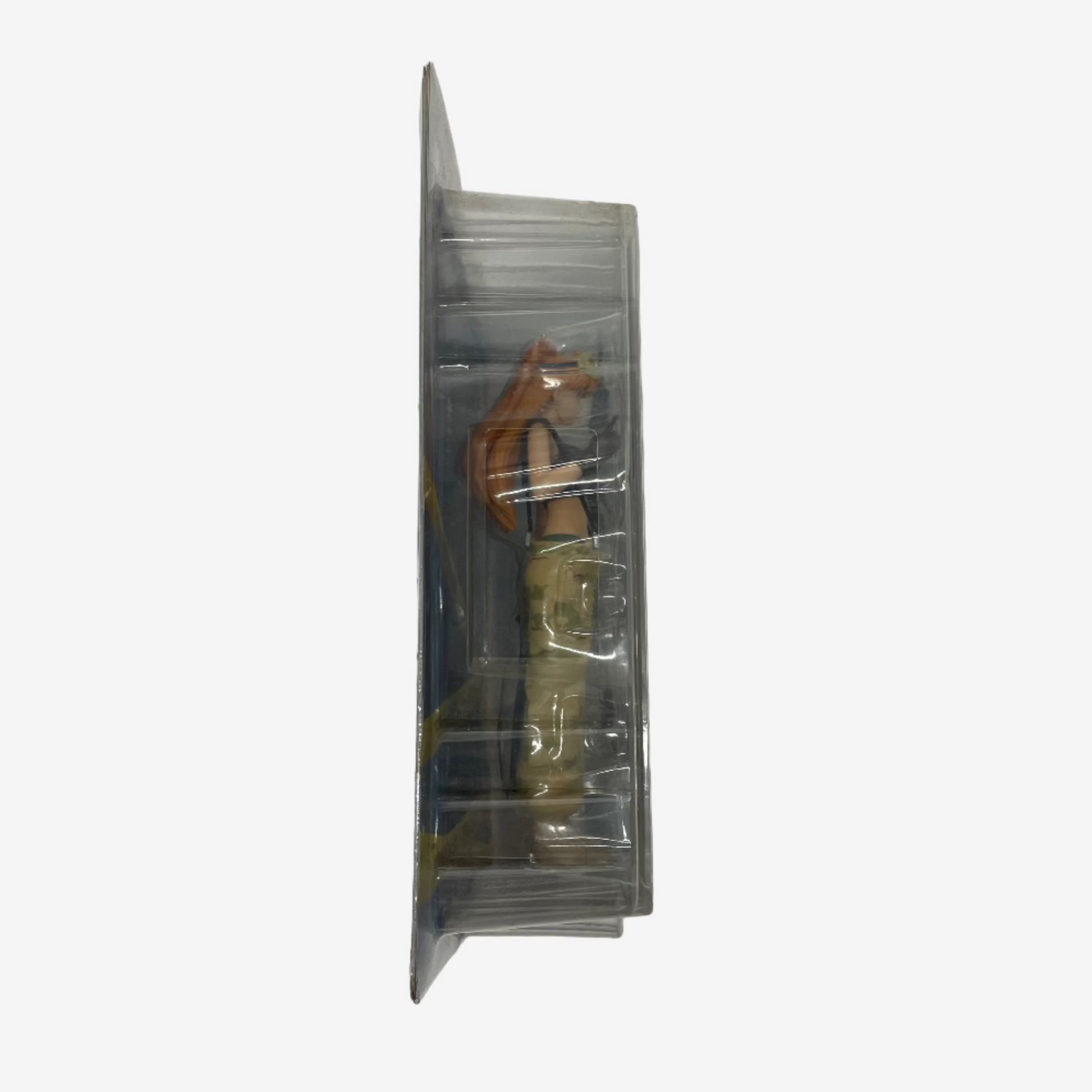 Clear plastic container with a small object inside on a white background