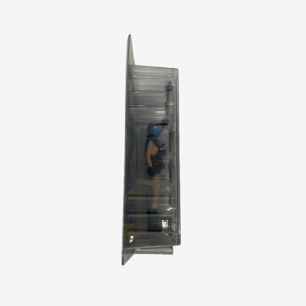 Small figurine in a clear plastic display case on a white background