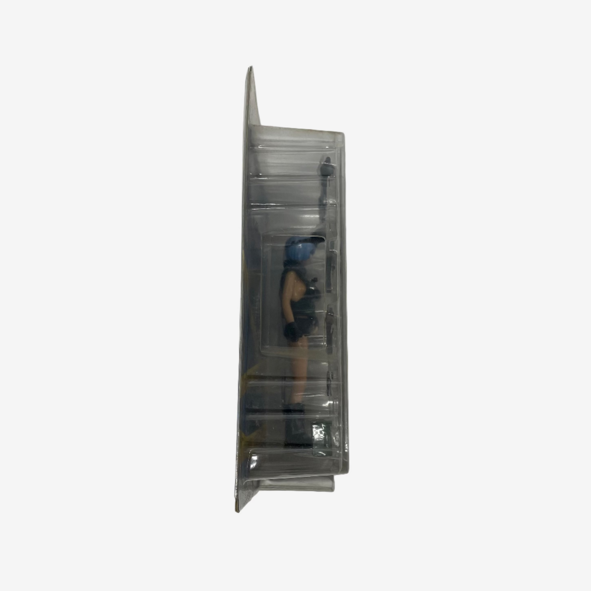 Small figurine in a clear plastic display case on a white background