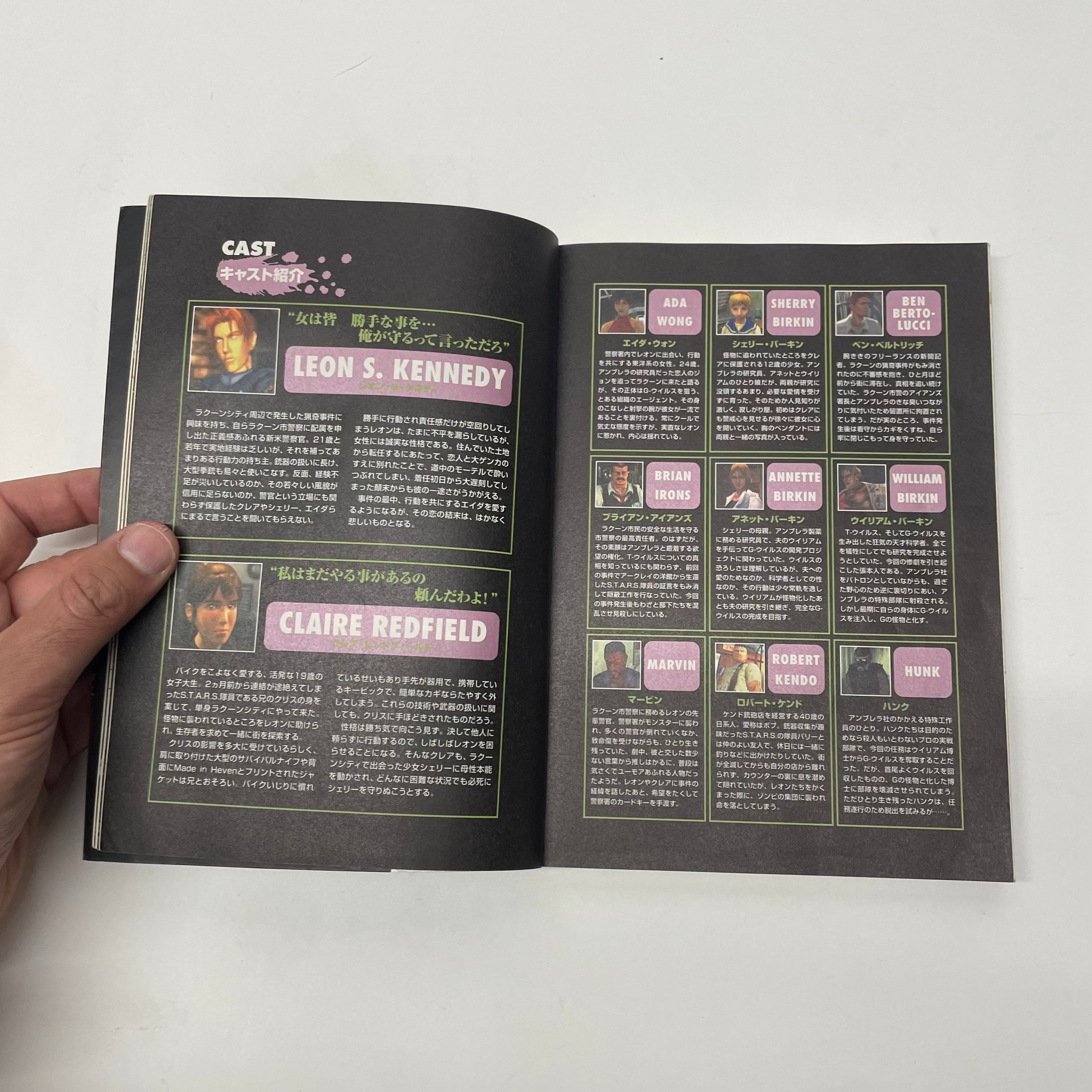 Open book showing character cards with names and portraits on a white background