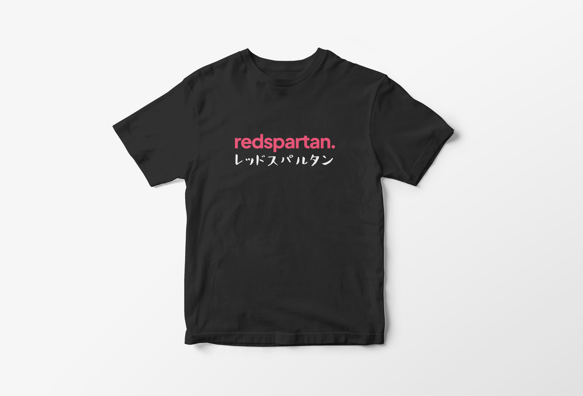 Black t-shirt with red and white text on a white background