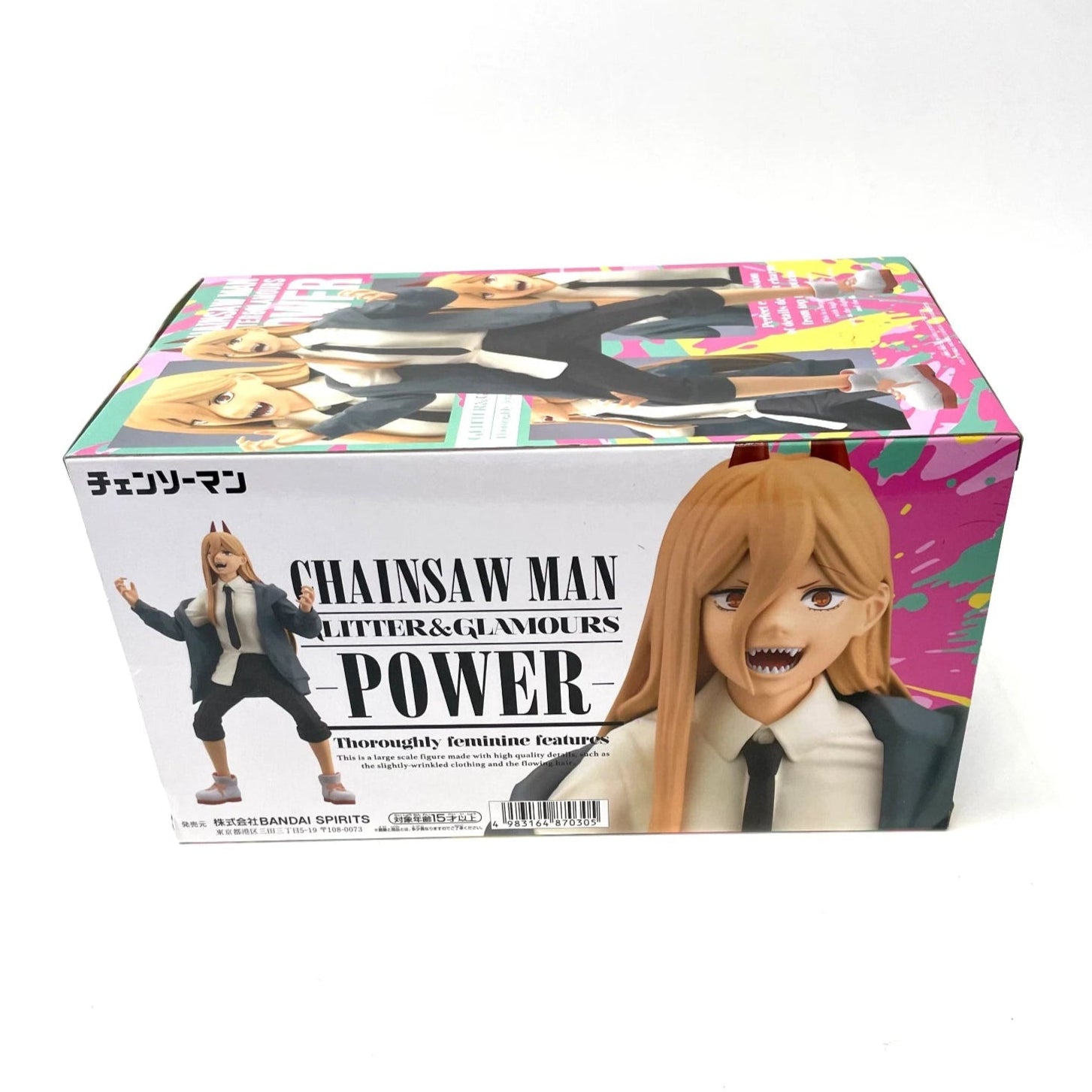 Chainsaw Man action figure box with colorful design and character images on a white background