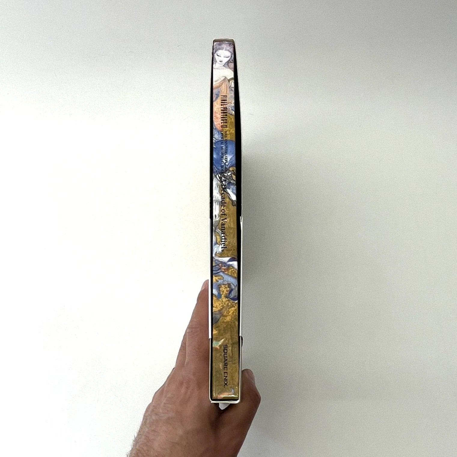 Hand holding a rectangular product with scenic design against a plain background