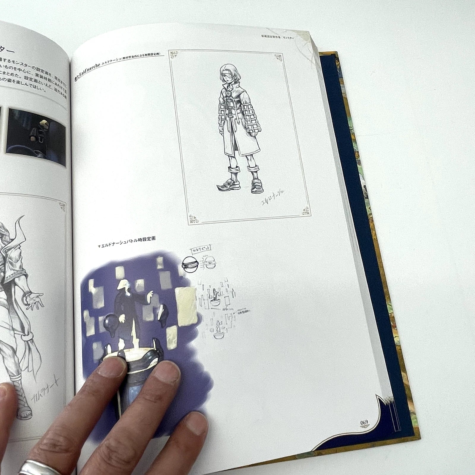 Open book with character design illustrations on a white background
