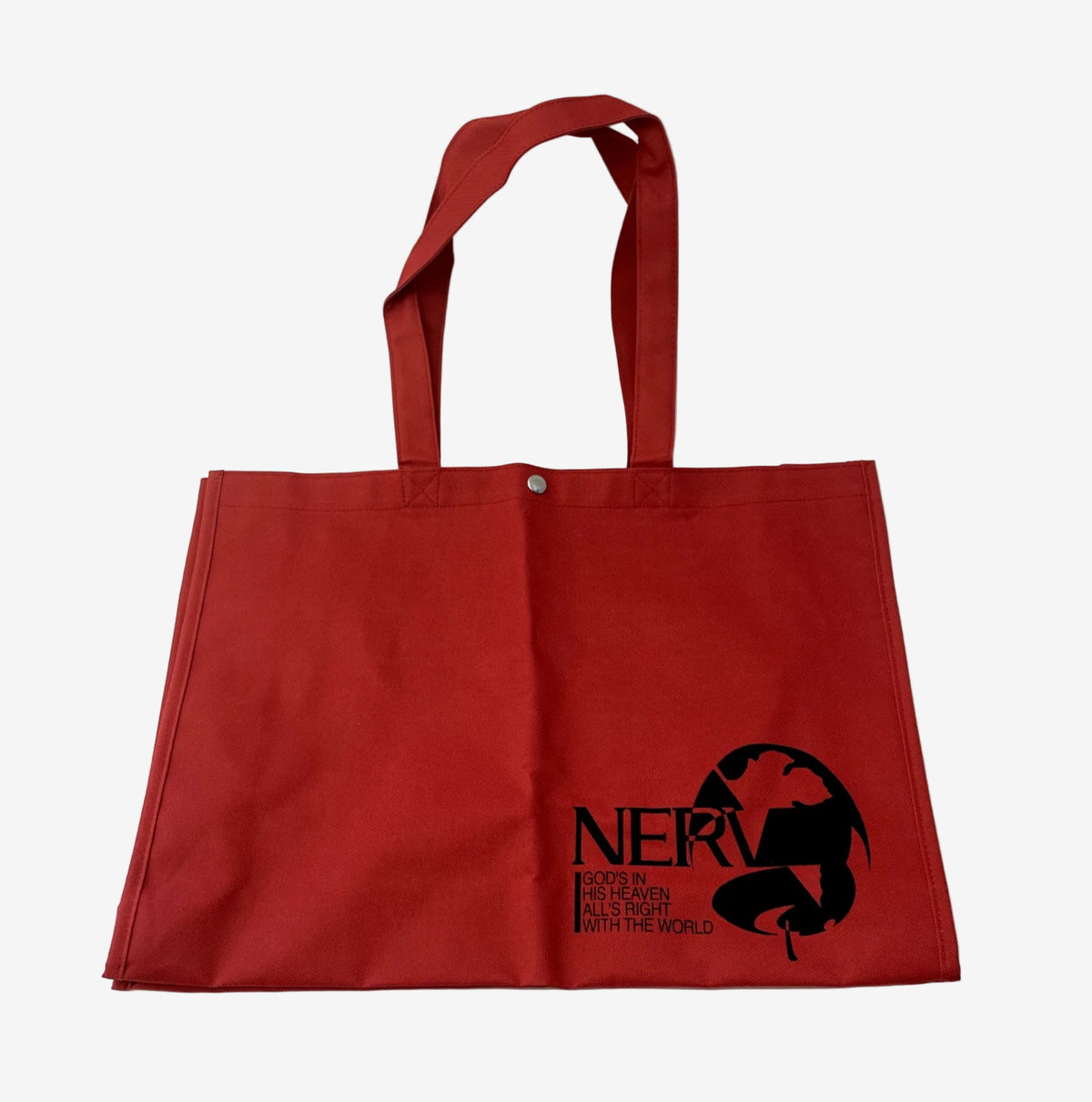 Red tote bag with black graphic and text on a white background
