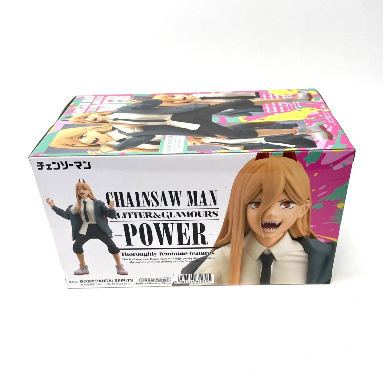 Chainsaw Man action figure box with colorful design and character images on a white background